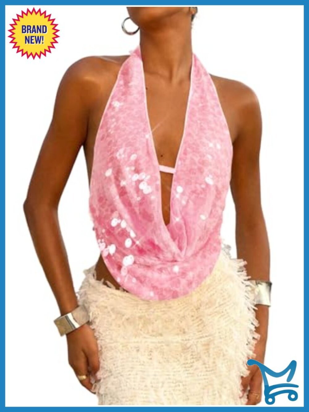 Sequin Glitter Halter Crop Tank Top Y2K Asymmetrical Backless Party